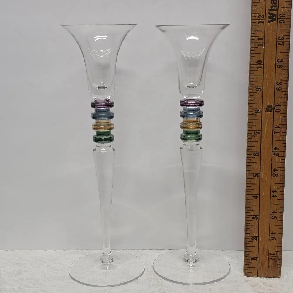 Vintage 90s Block Carnival Crystal Candlestick Holder Set Of 2 Poland 12